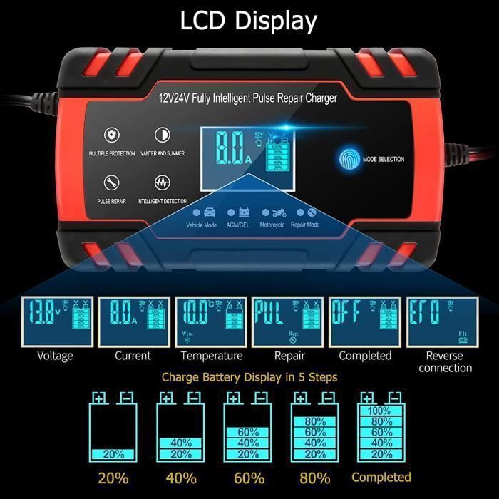 Chargeur de Batterie Intelligent 12V/24V 8A Automatique Réparation Fonction Portable avec Écran LCD, pour Voiture Moto Camion