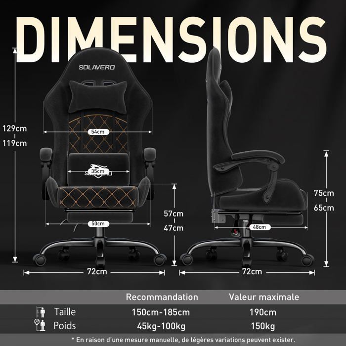 EcoFurnix Gaming en Tissu Suédine, Fauteuil Gamer Ergonomique avec Support Lombaire Massante, Siège de Bureau , Charge 150kg, Noir