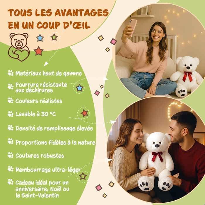 Ours En Peluche Très Douce MONZANA® Avec Noeud Papillon - Nounours 50cm Blanc - Doudou Ourson Mignon