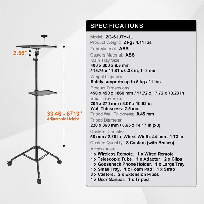 Supporto per proiettore - DUOKU - ZG-SJJTY-JL - Regolabile 80-170 cm - 3 ruote - Portata massima 5 kg