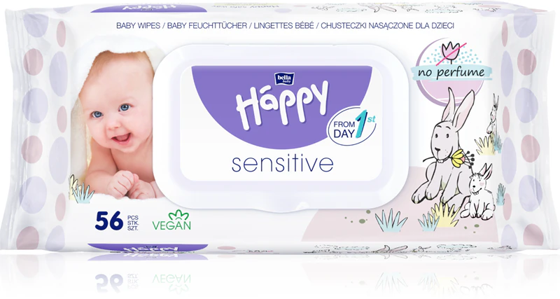 Lenços umedecidos BELLA Baby Happy Sensitive para limpeza infantil.