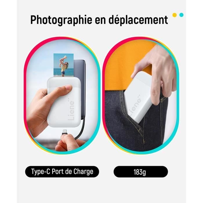Impressora fotográfica portátil LIENE - Mini impressora - Bluetooth 5.0 - 50 folhas de papel Zink - Branca