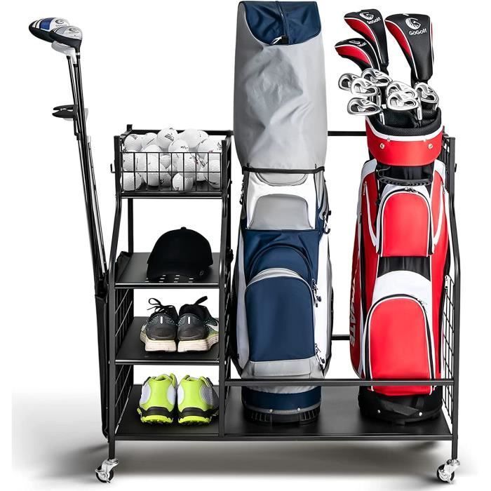Organizador de almacenamiento de golf GYMAX con ruedas con bloqueo, estante metálico para accesorios de golf con repisa.
