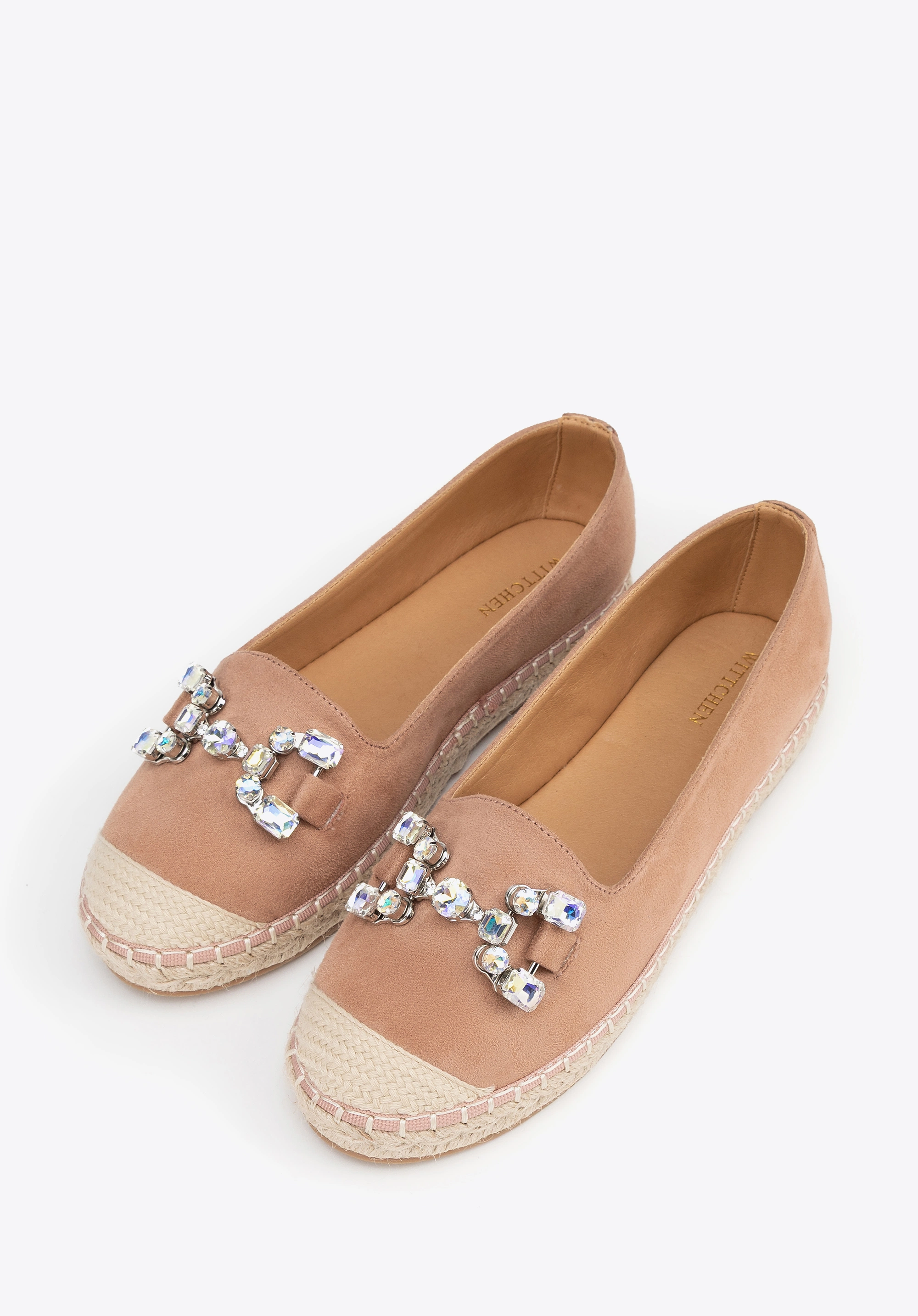 Damskie espadryle z biżuteryjną ozdobą beżowo - różowe