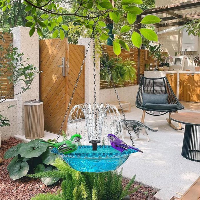 Fuente solar colgante para pájaros – Comedero decorativo para pájaros para jardín, balcón y terraza – Incluye bebedero para colibríes y caja nido azul.