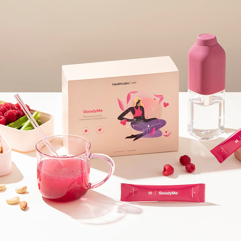 Sachês de suplemento alimentar GoodyMe da Health Labs Care para auxiliar na perda de peso.