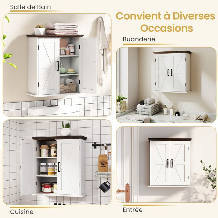 Armário de banheiro suspenso COSTWAY com 2 portas, prateleiras ajustáveis, estilo campestre, para cozinha, lavanderia, corredor, branco