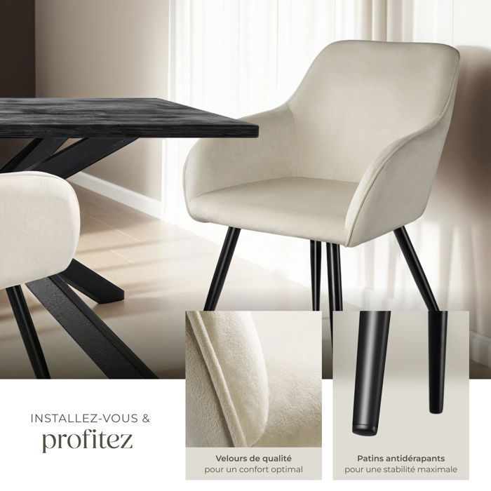 Chaise - TECTAKE - Fauteuil de salle à manger MARYLIN en velours avec pieds en acier noir - Crème/Noir