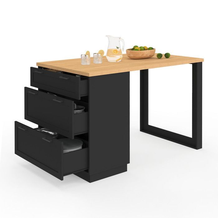 Isla de cocina IDMARKET VITO de 130 cm con cama alta para 4 personas, mueble para sartenes de 3 cajones en color negro y encimera de madera.