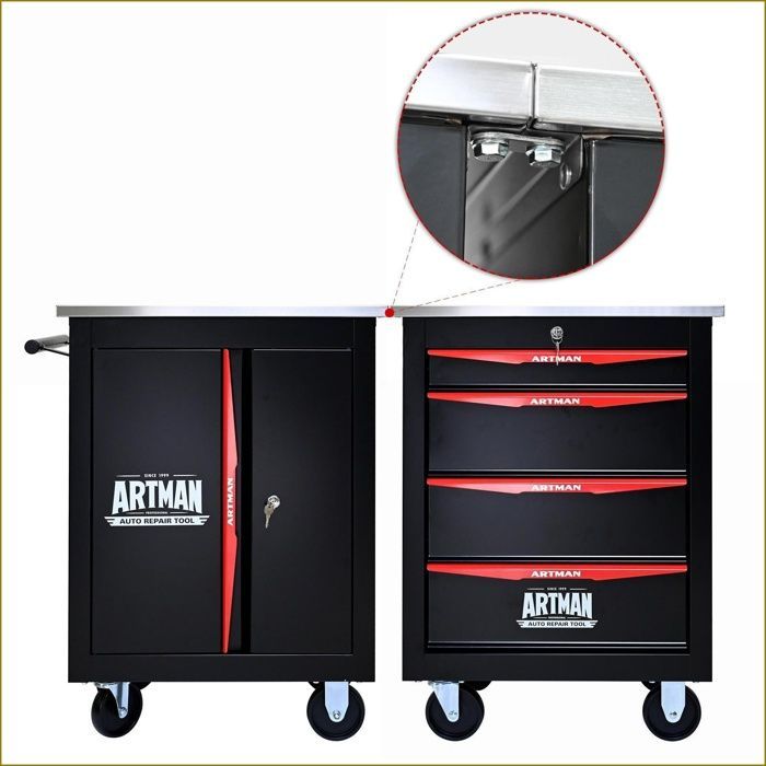 Armário para ferramentas - Carrinho multifuncional com porta dupla e avental - Preto e vermelho