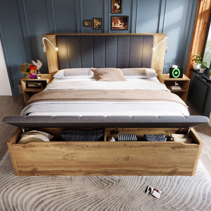Lit Combiné 180x200 cm King Size avec Banc Coffre et 2 Tables de Chevet Lampes LED USB - Structure Métal et Bois Effet Chêne