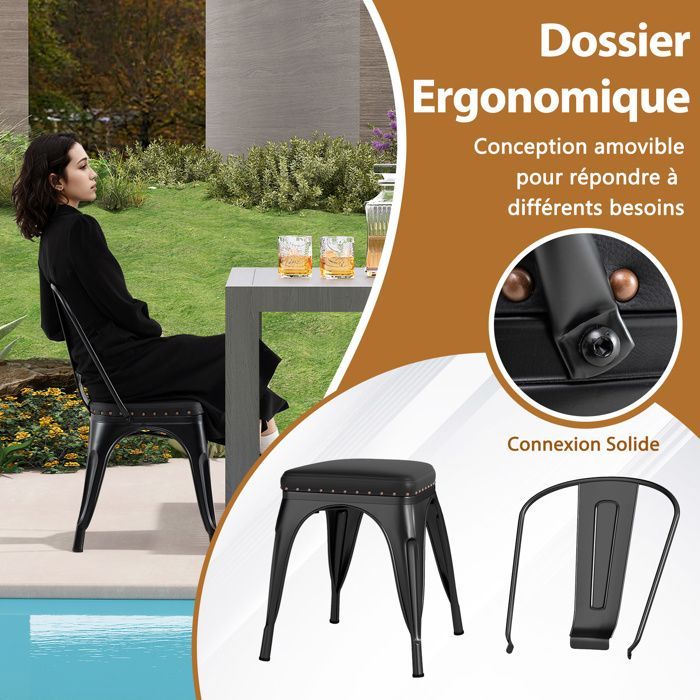 Lot 4 Chaises à Manger Empilables en Métal - COSTWAY - Dossier Amovible - Assise Rembourrée en Cuir Faux - 53 x 44 x 84 cm Noir