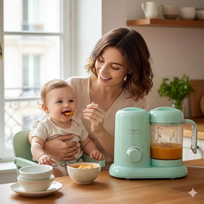 Robot da cucina 4 in 1 per pappe: vaporiera e frullatore, grande capacità, verde.
