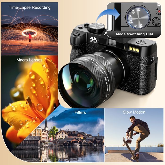 Videocamera digitale NBD - Videocamera 4K - Zoom digitale 16x - Nera