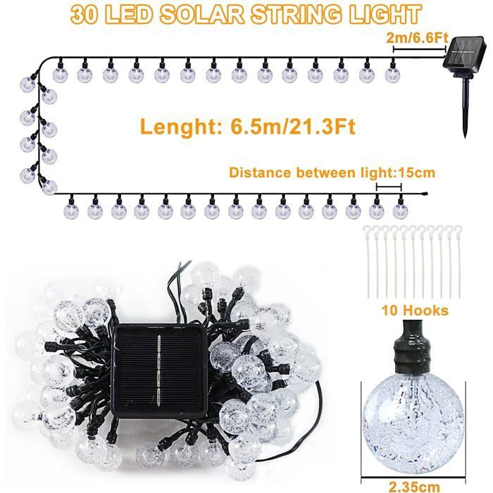 Solar String Lights - 30 Crystal LEDs, Indoor/Outdoor Solar String Lights, 8 Modes for Garden, Patio, Balcony