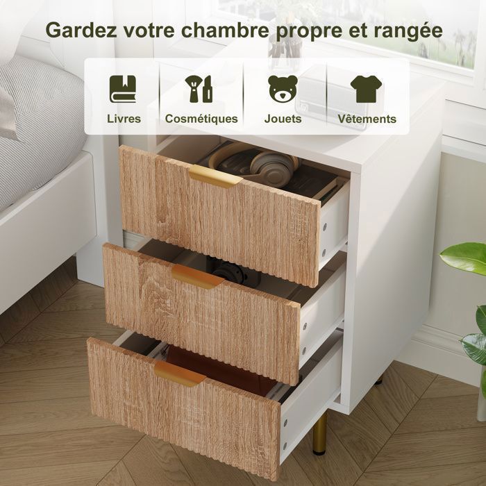 Table de chevet lot 2, Commode 3 Tiroirs, Meuble Rangement, Meuble Chambre Bureau Salon Cuisine, 40x40x65cm, Multicolore
