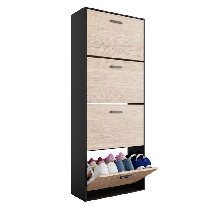Zapatero CASABEL para 24 pares - Armario para recibidor/entrada - Negro y madera clara - 60x24x150 cm
