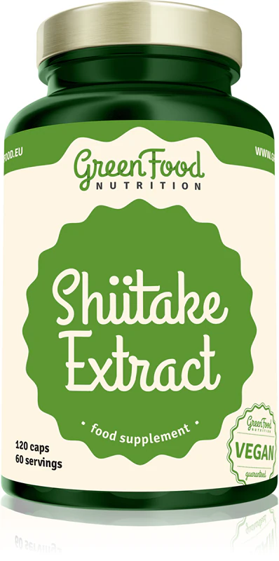 Cápsulas de suplemento alimentar GreenFood Nutrition com extrato de shiitake, feitas a partir de uma espécie rara de cogumelo.