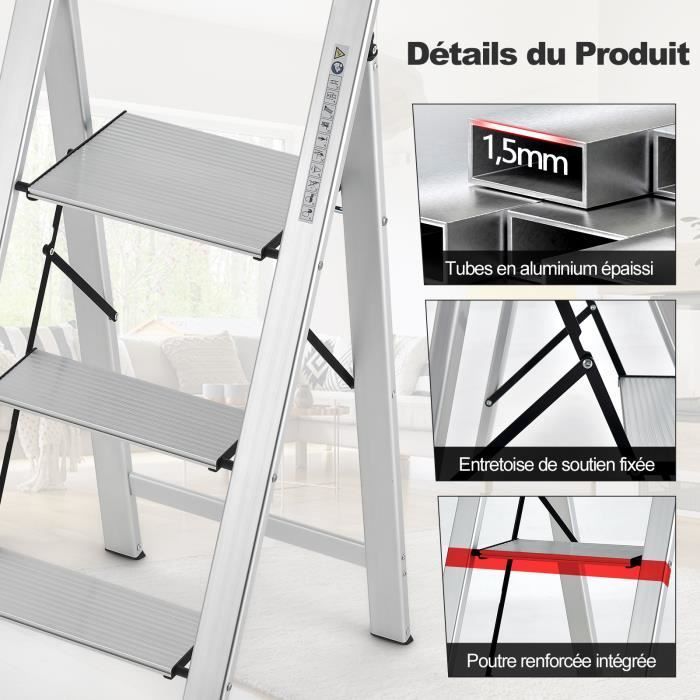 Escalera plegable de aluminio de 3 peldaños COSTWAY, portátil con plataforma ancha, peldaños antideslizantes, patas de goma, capacidad de carga de 150 kg.