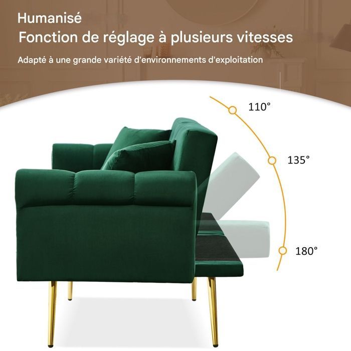 Sofá convertible - RAVAS - Sofá de 2 plazas - Terciopelo verde - Respaldo ajustable - Espacio de almacenamiento