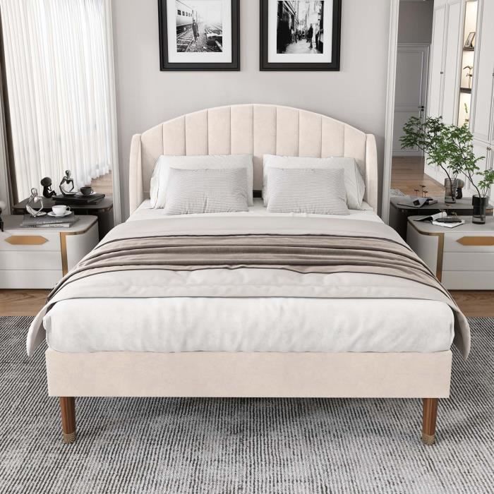Volwassenenbed 140x190 cm met lattenbodem, fluwelen stof, beige - MODERNLUXE - Hedendaags - Design