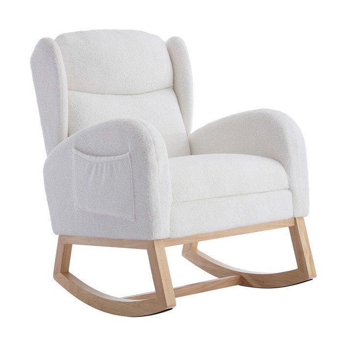 Scandinavian rocking chair, comfortable nursing chair, white teddy fabric, integrated pocket