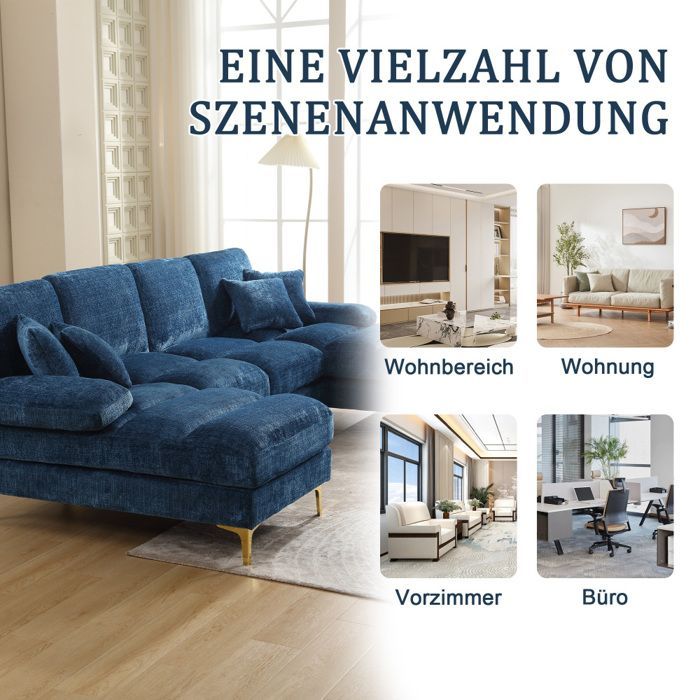 Moderne U-formet sofa, stor blå chenille, 272.00x136.00x88.00 cm