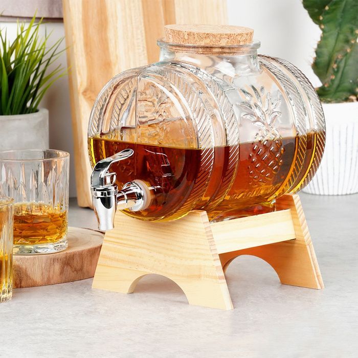 VILDE Dispenser per bevande da 3 litri con rubinetto - Vetro spesso - Supporto in bambù - Coperchio in sughero - Design ananas
