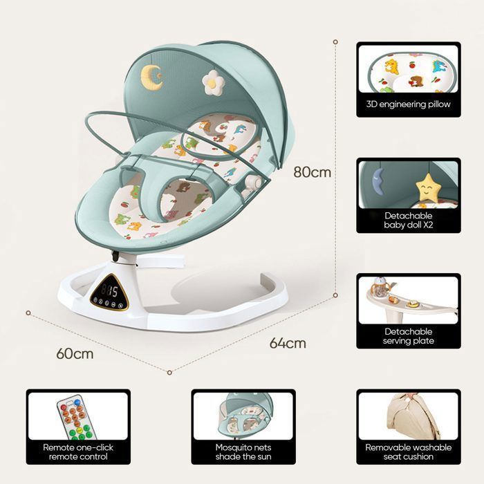 Transat Bebe, Balancelle Bebe Electrique 0 à 15 kg avec Berceuse 5 Vitesses de Balancement Assiette de Diner Bluetooth Télécommande