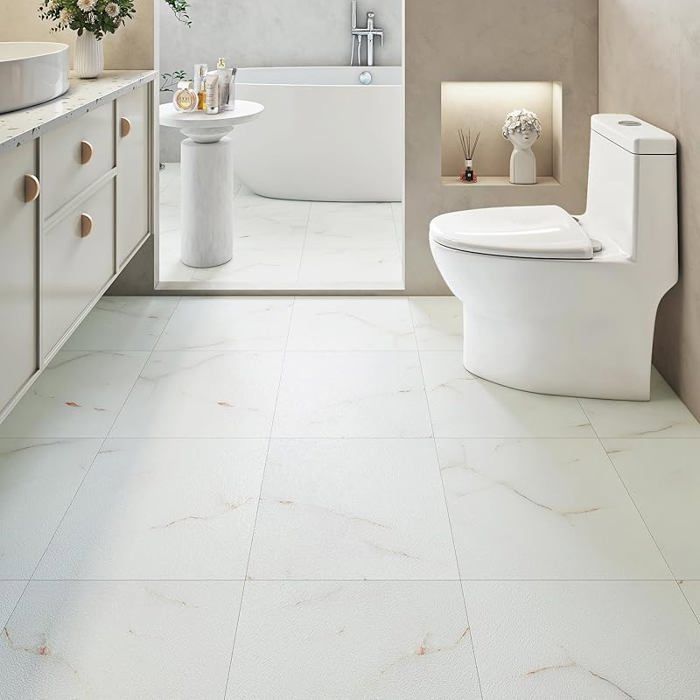 Suelo de PVC adhesivo moderno con efecto mármol, 30x30cm, lavable, para cocina, 4 piezas, mármol blanco y suelo de PVC con efecto mármol blanco.