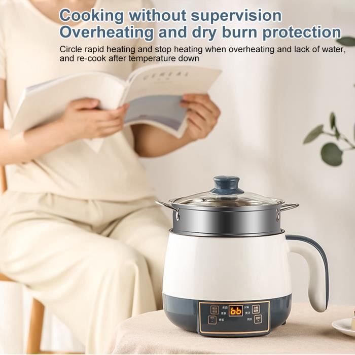 Olla multifunción portátil inteligente de 1,7 L con cesta vaporera antiadherente y resistente al sobrecalentamiento para comidas familiares.