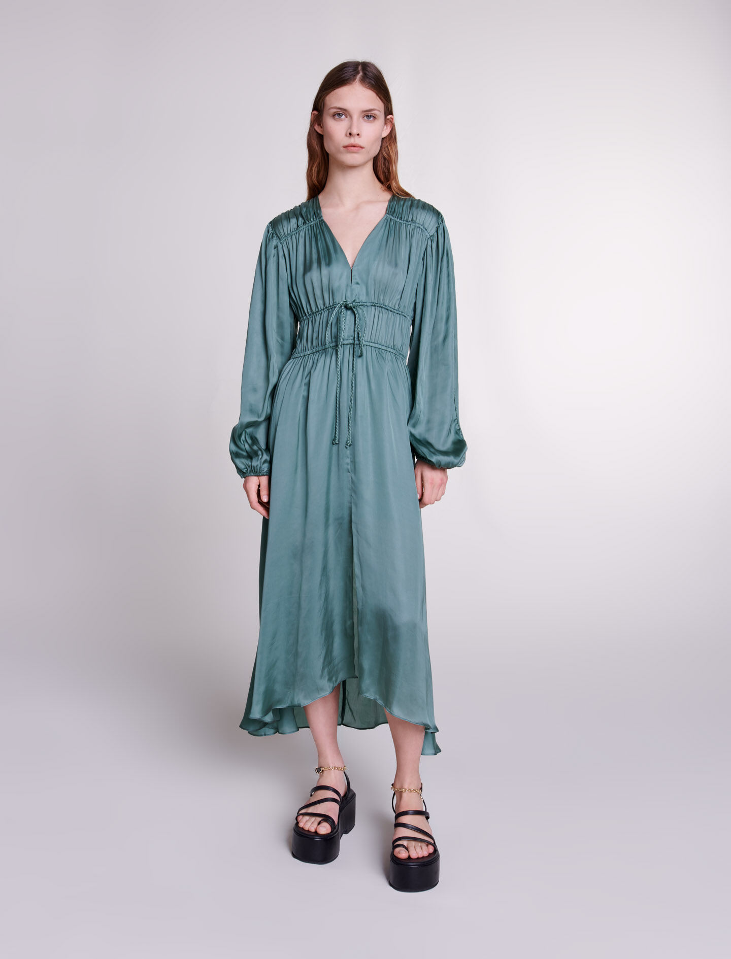 Rochie lungă din satin - Kaki
