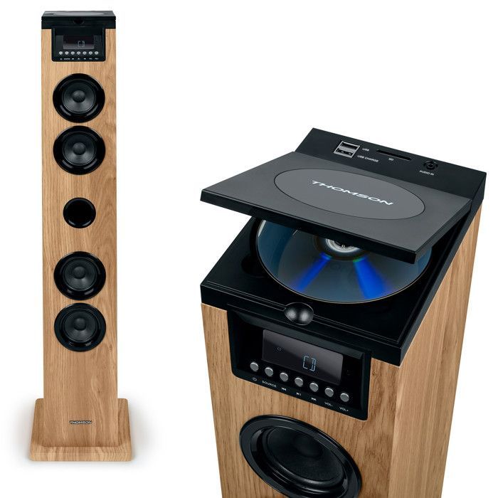 Tour de son Thomson DS122CD - 60W - Hifi Bluetooth, Lecteur CD, télécommande, AUX IN, RADIO FM - Bois/Noir, Bagues LED inclus