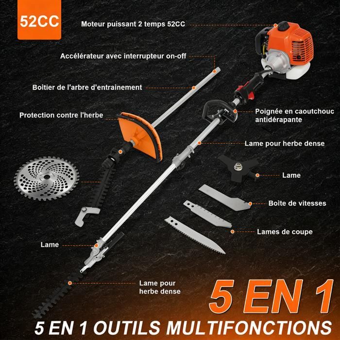 Coupe-bordures Thermique 52cc - FIANAO - Multifonction - Lame 3 Dents - Tête Nylon - Extension 134cm - Moteur 2 Temps