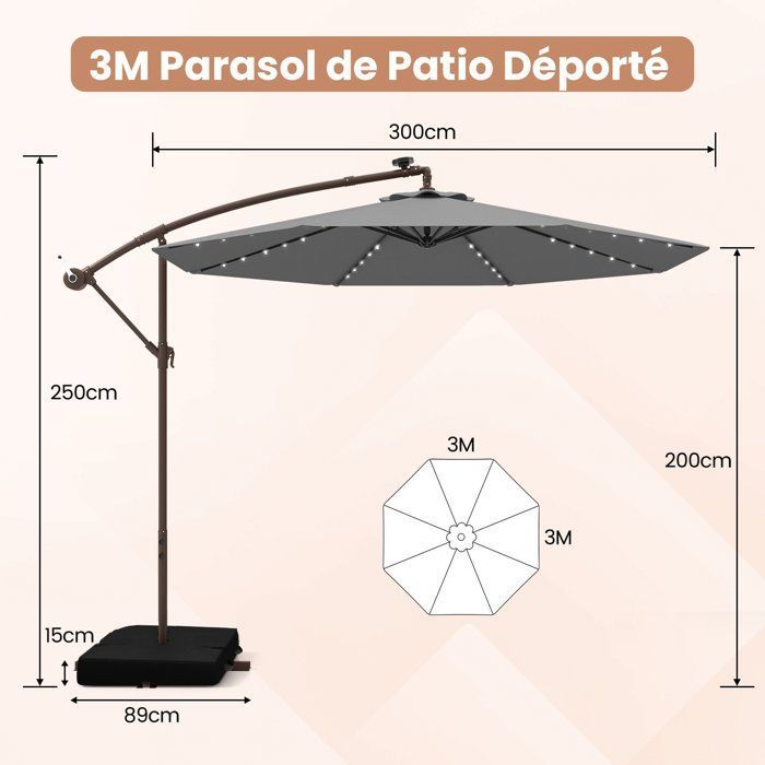 Ombrellone decentrato COSTWAY da 3 m con 40 LED - Base a croce con sacco di sabbia - Tessuto in poliestere grigio con protezione UV 20+ - Pannello solare da 6 ore
