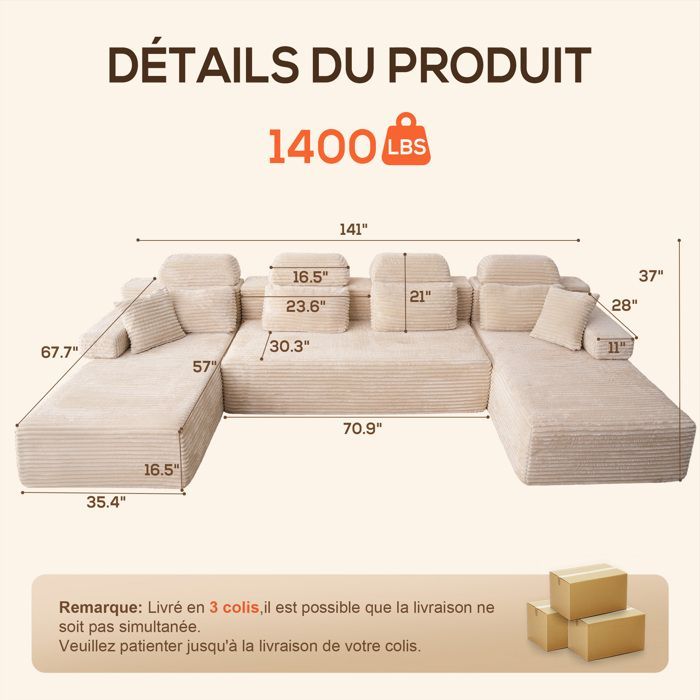 Sofá modular extragrande em formato de U com 2 chaises, estofamento confortável em veludo cotelê com espuma viscoelástica, sem necessidade de montagem, bege
