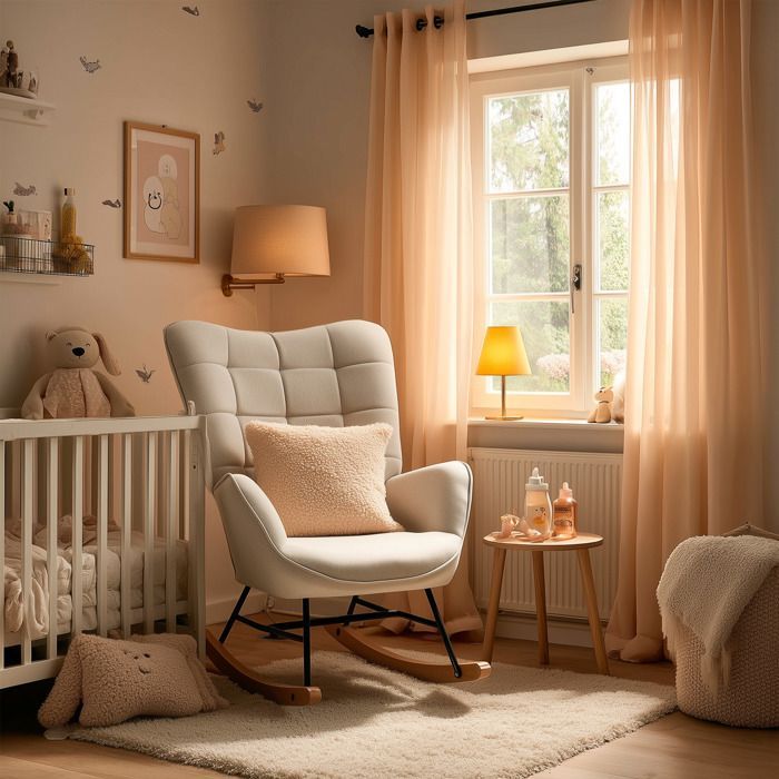 COSY FURNITURE Poltrona a dondolo scandinava per allattamento con braccioli in tessuto beige con cuciture a vista - FUNKEL