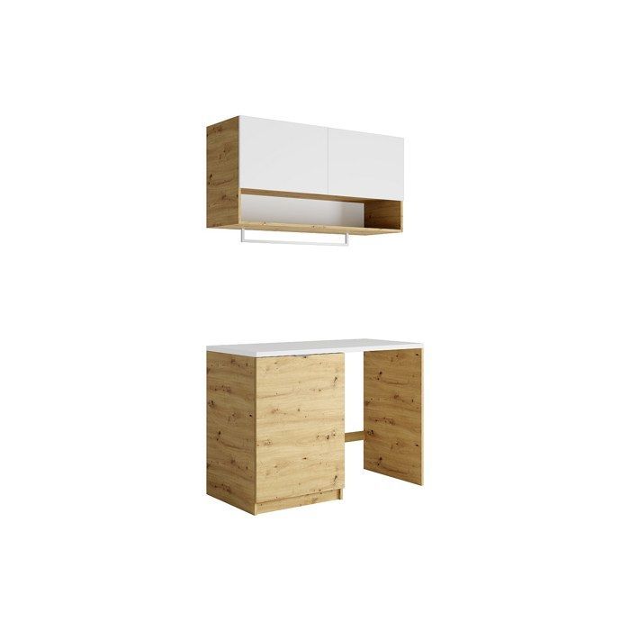 Meubles de buanderie pour machine à laver avec plan de travail - L122 cm -  Blanc et naturel clair - NATAJI