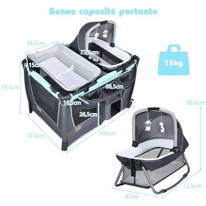 Lit Parapluie Bébé 0-36Mois Pliable - GOPLUS - Charge 15KG - 2 Roues Verrouillables - Matelas/Panier/Table à Langer/Musique/Sac