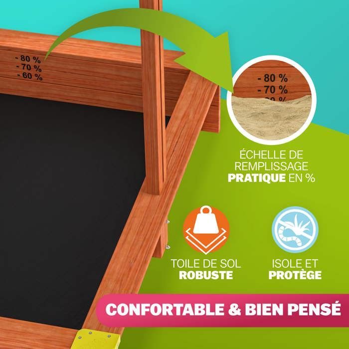 Spielwerk Bac à sable en bois d'épicéa SAMI 120x120cm toit réglable de protection UV jeu pour enfants extérieur jardin