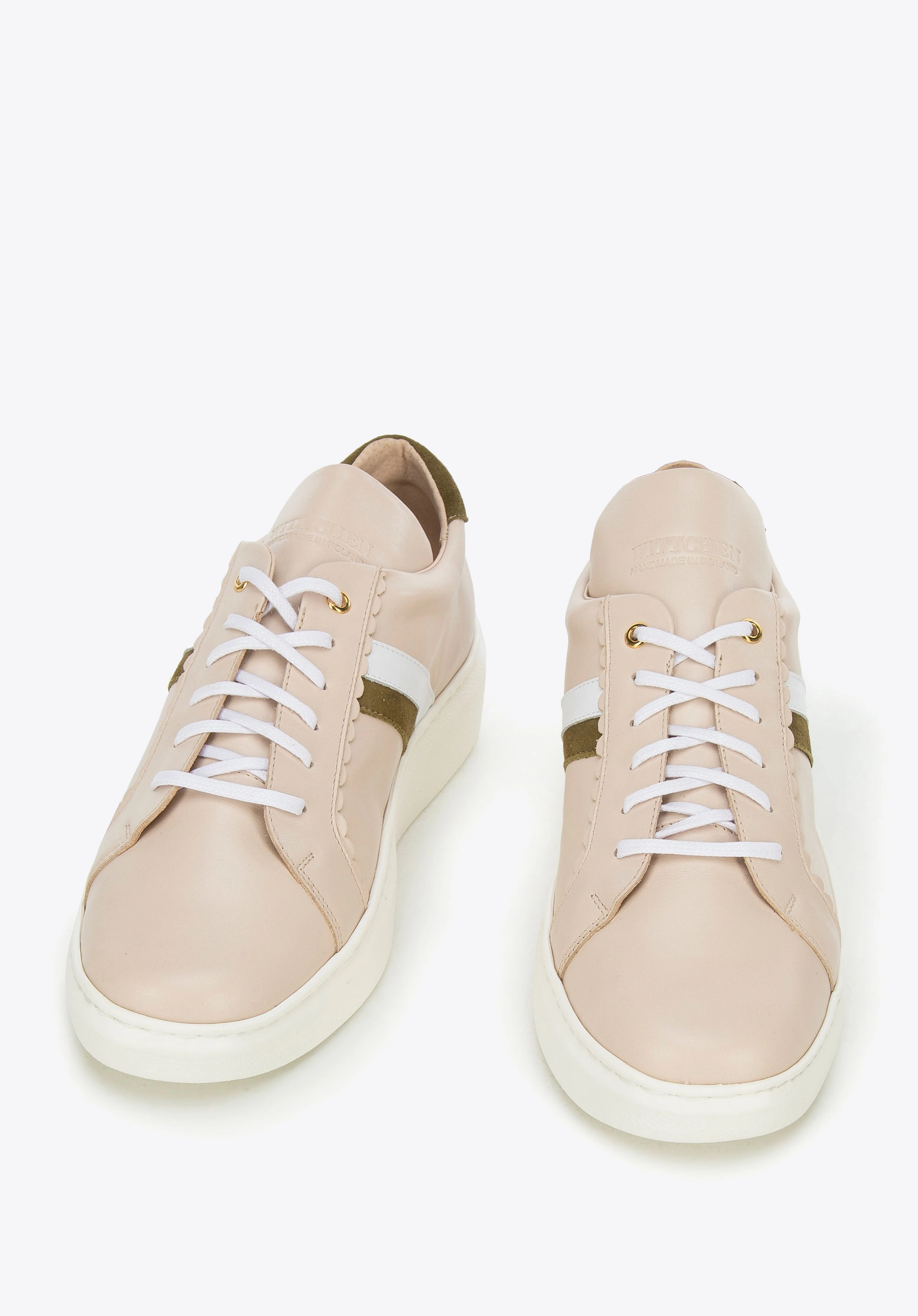 Damskie sneakersy skórzane z falbanką beżowe