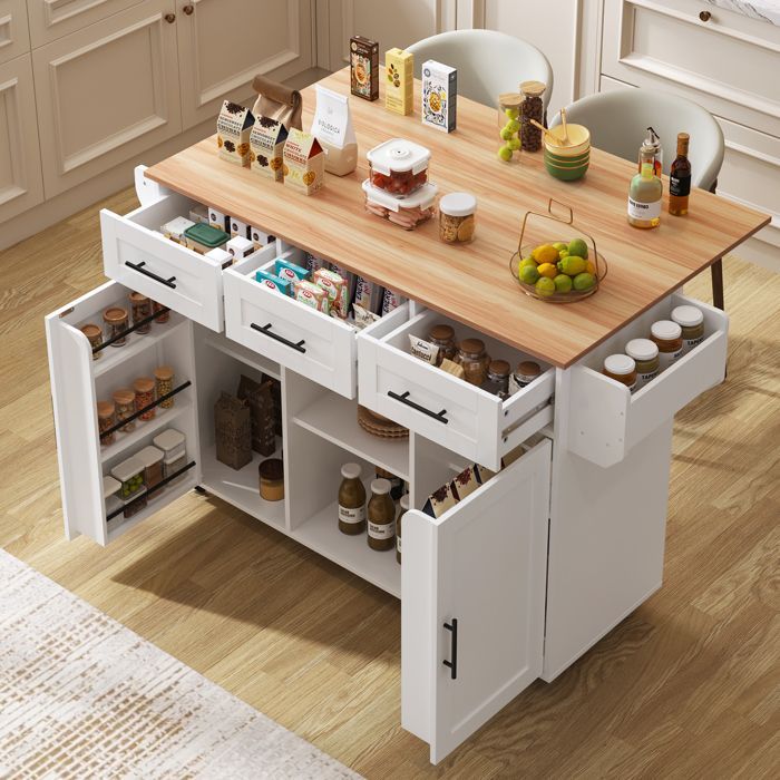 Desserte à Roulettes Cuisine rangement en bois multifonctionnelle avec plan de travail -avec tiroir-L139 x P46(71) x H91.5 cm-Blanc