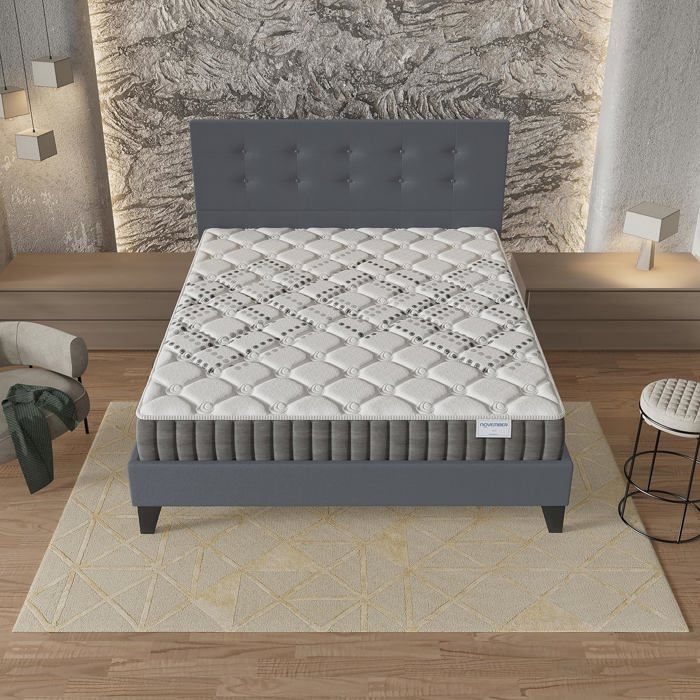 Colchón y cama (140x200cm) - Muelles ensacados Eliha de 20cm y espuma de alta densidad + Base de láminas estable y cabecero tapizado en gris