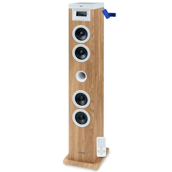 Thomson DS121CD Tower Sound System - 60W - Multimedia Bluetooth, CD Player, Remote Control, AUX IN, FM Radio - Wood/White + 32GB USB Flash Drive