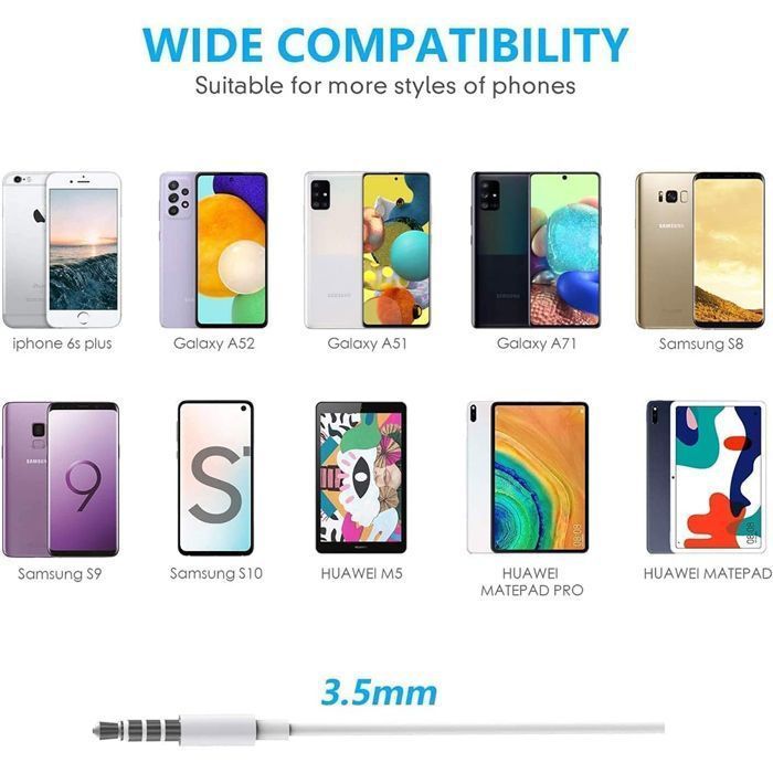 Wired Earphones with Microphone and Controls, 3.5mm Jack, Universal for Android and iOS - White