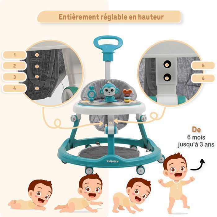 Twinky® Babywalker 3-en-1 | Azur | Trotteur Bébé Évolutif & Luxe | Trottinette, Tapis Pieds & Poignée | Premiers Pas Ludiques