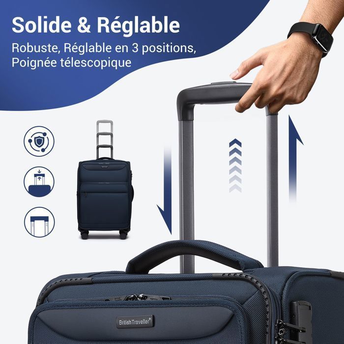 Conjunto de 3 malas British Traveller (57,5/68,5/79,5 cm) - Malas leves e resistentes com laterais flexíveis, 4 rodas e cadeado TSA, azul-marinho.