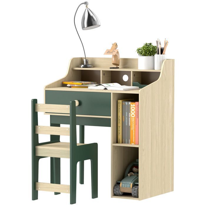 Conjunto de escritorio y silla infantil AIYAPLAY - Estantes y cajón - Muebles para niños de 3 a 10 años - Verde