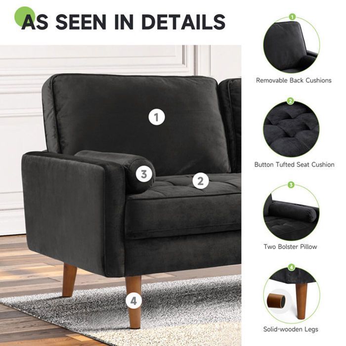 Canapé 2 Places en Velours Noir 142 x 76 x 85 cm,Canapé Scandinave avec 2 coussins pour le salon,Fauteuil Capitonné,Pieds en bois