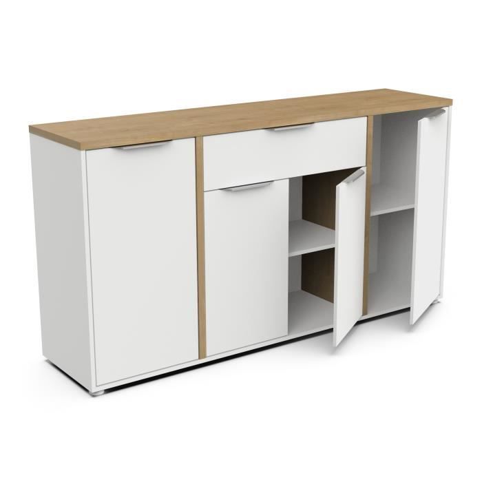 Conjunto de salón ACCESS: Mesa de centro + mueble para TV + aparador de 4 puertas - Acabado en roble Hamilton y blanco